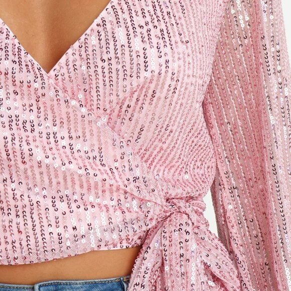 NWT Petal & Pup Wrap Style Beaded Crop Pink Top Glitz, size 0 (XS) - Picture 4 of 8